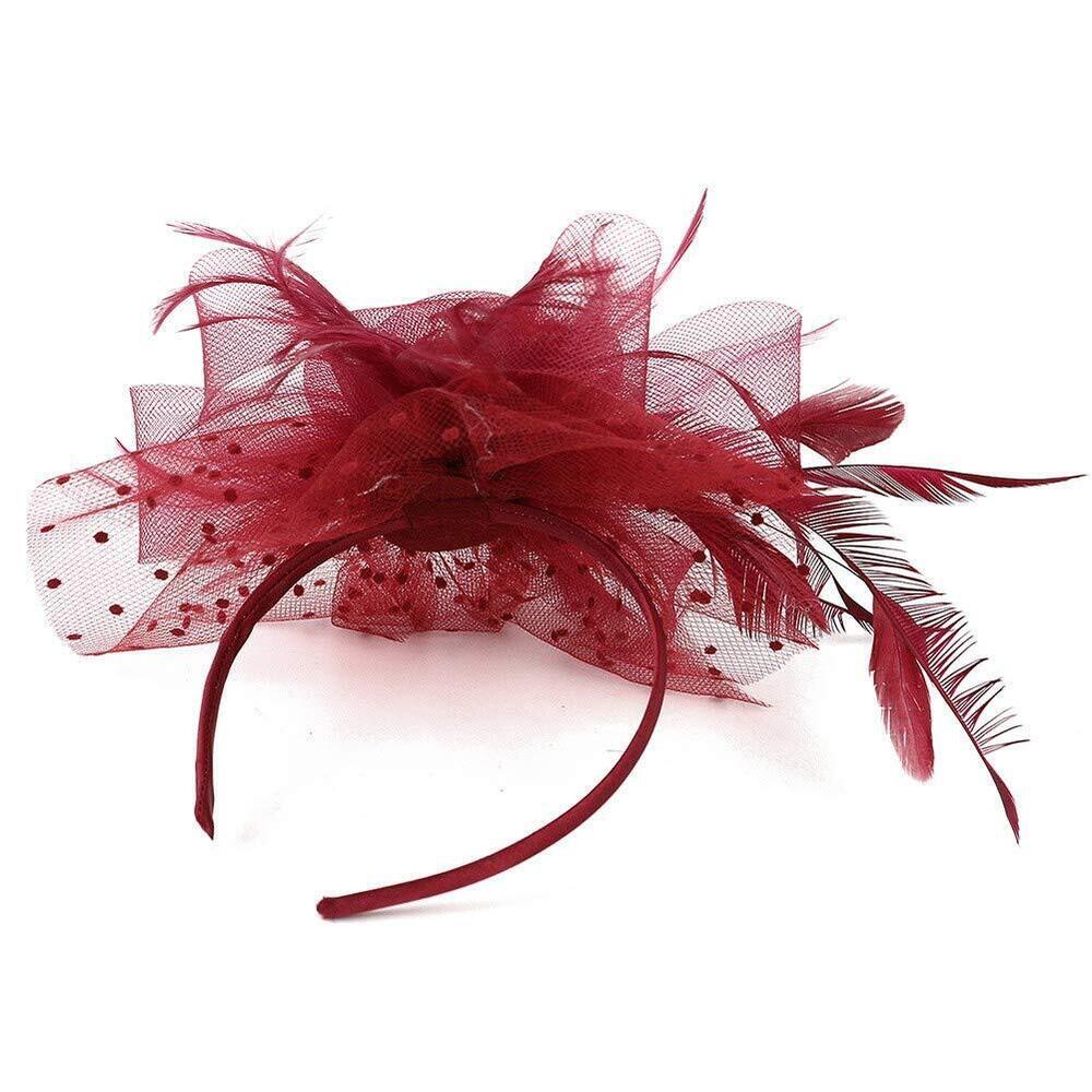 4149 1920s Women's Burgundy Fascinator Feather Kentucky Tea Party Hat With - Picture 7 of 7